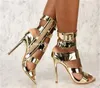 Dress Shoes Fashion Women Luxurious Open Toe Patent Leather Stiletto Heel Gladiator Sandals Straps Buckle Gold High