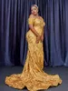 Vestidos de festa Ouro Aso Ebi Mermaid Vestidos de noite plus size Short Cap com zíper de trem de volta