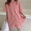 Geometric Chic Plaid Women Girls Sleepwear Cute Korean All Match Loose Sweet Homewear Summer Pajamas Sets 210525