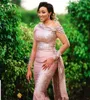 2021 Rose Gold Slobined Lace Sexy Arabische Dubai Prom Dresses Off Shoulder Pailletten Mermaid Lange Mouwen Overskirts Plus Size Party Avondjurken