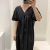 Korean Chic Summer Yellow V Neck Pleated Flying Sleeve Dress Women Loose Retro Casual Solid Vestido De Mujer Fashion Clothing 210610