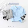 Spring Autumn 2 3 4 5 6 8 10Years Children Cotton Turn-Down Collar White Black Striped Patchwork T-shirt For Baby Kids Boys 210625