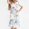 Jocoo Jolee Elegant Short Sleeve Belted Slim Midi Dress Bohemian Floral Print V-Neck A Line Dress Casual Summer Beach Sundress 210518