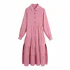 Women Vintage Solid Shirt Dress Side Slit Fashion Long Sleeves Buttoned Lapel Neck Midi Dresses Woman Robe 210709