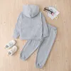 Inverno Crianças Sets Casual Manga Longa Cinza Hoodies Calças de Retalhos Vestidos 2pcs Meninas Roupas 18m-6T 210629