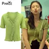 sexy lady Jennie Kim Celebrity Style Maglia verde increspato aderente Crop Top con scollo a V Tshirt knittedTee Women Chic 210421