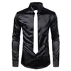 2st Silver Silk Shirt + Tie Mens Satin Smooth Tuxedo Shirts Casual Button Down Men Dress Shirts Wedding Party Prom Chemise Homme 210708