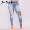 Toppa leopardata con foro da donna Jeans a matita di grandi dimensioni Streetwear Patchwork skinny alla caviglia invecchiato