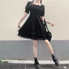 Kwadratowy kołnierz Wysoka talia Gotycka Sukienka Japoński Lolita Styl Princess Black Mini Mini Rękaw Puff Rękaw Koronki Ruffles Party 13242 210521