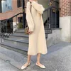 Women Khaki Beige Brown Knitted Sweater Turtle Neck Casual Long Sleeve Midi Dress Autumn Winter D2117 210514