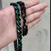 European and American street hip-hop trend stainless steel black color Cuban bracelet necklace men's paint iced out green stones chain set factory wholesale