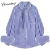 Yitimuceng Vintage Plaid Blouse Kvinnor Knappskjorta Lös Solid Spring Mode Långärmad Sväng Krag Casual Toppar 210601