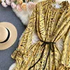 Lady Fashion Spring Sweet Wood Coll Coll Woll Дливая труба рукава Slim A-Line платье для печати Одежда Vestidos S342 210527