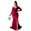 Autumn Winter Women Sexy Night Party Club Long Dresses Off Shoulder Plunging V-neck High Side Split Mermaid Maxi Dress Y1006