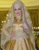 Or Satin Musulman Une Ligne Hijab Robes De Mariée Robes De Mariée 2022 Boutons Col Haut À Manches Longues Arabe Islamique Plus La Taille Mariée Robe De Soirée Vintage Vestidos De Novia