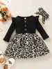 Baby Leopard Print Ruffle Trim Fake Button Jurk Hoofdband Zij