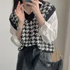 Korejpaa Woman Vest Sets Korean Autumn Fashion Wild V-neck Bird Check Knitted Vests and Loose Solid Long Sleeve Shirt Top 211008