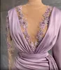 Aso Ebi Arabe Dubaï Sexy Lilas Dentelle Perlée Robes De Bal Sheer V Cou Manches Longues Etage Longueur Formelle Soirée Robe De Soirée Spricial Occasion Robes Sur Mesure