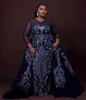 Sparkly Sequins Navy Blue African Evening Dresses with Detachable Train Long Sleeves Elegant Women Formal Prom Dresses Plus Size