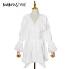 Vestido branco de renda para mulheres v pescoço flare manga longa cintura alta retalhos vestidos feminino moda roupas 210520