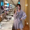Yaz Kadın Elbise Şifon Kore Tarzı Ruffles Gevşek Katı Renk Pileli Yumuşak Uzun Kollu Kadın Vestidos PL293 210506