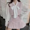 Ezgaga Sexy Chiffon See-through Patchwork Tweed Two Piece Set Women Mini Skirts Ribbon Bow Elegant Blouse Office Lady Party 210430