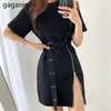 Vintage Black Wrap Dress Sashes Sexy High Waist Mini Zipper Split Short Sleeve Elegant Party Club es 210601