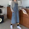 Przycisk Pocket Denim Dress Summer Koreański Vintage Midi Długość Luźne Dżinsy Dorywczo Student Suspenders Pasek Kombinezon ES 210604