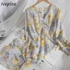 Neploe Vintage Print Bohemian Langes Kleid Frauen V-ausschnitt Drapiertes Design Langarm Vestidos Frühling Temperament Robe 210510