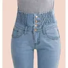 Moda mujer pantalones de mezclilla elástico cintura alta flaco estiramiento jean hembra primavera / otoño jeans pies pantalones mujer más tamaño 211104