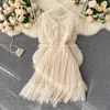 Korobov Korean Summer New Sequined Mesh Dress Ruffles O Neck Sweet Vestidos Femme Lacing Bow Bling Dresses 210430