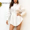 JOCOO JOLEE Women Fashion Elegant Shirt Dress Office Ladies High Taille Slim A-Line Dress Casual White Black Mini-jurken 210619