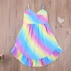 1-6Y Summer Rainbow Toddler Children Kid Girls Ruffles Dress V neck Beach Holiday Travel Dresses For 210515
