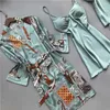 Spring and Autumn Pajamas Women Chest Pad Nightgown Strap Silk Nightdress 4 Pcs Set Tops Long Sleeve Pijama Mujer Sexy Lingerie Q0706