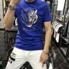 New Men's T-Shirts Rhinestones Designer Tiger's Head Printing Hip Hop Street Short Sleeve Plus Size Streetwear O-Neck Male Top Clothing Blue Red Black White M-4XL