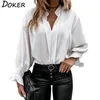 Automne Blanc Blouse Femmes Mode Col En V À Volants À Manches Longues Élégant Bureau Dames Chemises Plus La Taille Casual Tops Et Blouses Femme 220310