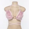 Fluffig faux päls rosa bh -skörd topp sexig festival rave halter topp kvinnor fest klubb sommarstrand backless bandage bralte camis 210326