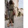 여성 가을 ​​V 넥 긴 소매 블라우스 드레스 얇은 패션을 통근 루스 버튼 벨트 스트레이트 튜브 플러스 크기 210522