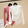 T-shirt Full Solid O Neck T-shirt Spring Fashion All Match aderente donna irregolare Top 210615