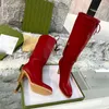 Big Size 43 Women Designer Boots Zipper Slip-on Lady Leather Pleated High Heel Black red blue Desert Flamingos Love Arrow Letter Canvas Over-the-knee Medal Coarse shoes