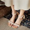 França Chique marfim champanhe casamento sapatos nupciais pérolas 5cm baixo transparente salto chunky verão sandálias com fita laço al9503