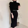 Casual Kleider Winter Rollkragen Gestrickte Kleid Frauen Puff Volle Hülse Schwarz Pullover Vintage Herbst Split Vestidos Mit Gürtel