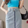 Yaz kadın Uzun Denim Etekler Kuşaklı Chic High Wasit Ön Fermuar Düz Kadın A-Line Jeans 210428