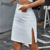 High Waist Button Fly White Bodycon Denim Skirt Women Summer Fashion Street style Ladies Pocket Split Mini Skirts 210510