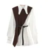 Nomikuma Femmes 2pièces Costumes à manches longues à col rabattu Blouse Robe + Gilet tricoté irrégulier Ceinture Taille Slim Ensemble élégant 6E029 210427