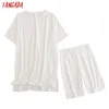 Tangada Summer Women's Set 95% Coton Costume Ensembles surdimensionnés T-shirt long Legging Shorts Costumes de haute qualité 6L54 210609