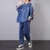 Kvinnors träningsdräkter Jeans 2 stycken Set koreanska mode damer Lossa spårdräkt Kvinnor denim vintage kostymer lapptoppar och byxor SA057S50