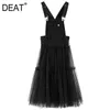 [DEAT] Fashion Summer V-neck Loose Waist Sleeveless Sling Net Yarn Solid Color A-line Dress Women 13D154 210527