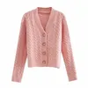 Women Short Cardigans White Pink Cute Cropped Sweater V-Neck Knitted Tops 210421