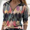 여성 긴 소매 V 넥 기하학적 인쇄 빈티지 느슨한 티셔츠 캐주얼 풀오버 우아한 블라우스 플러스 크기 210428